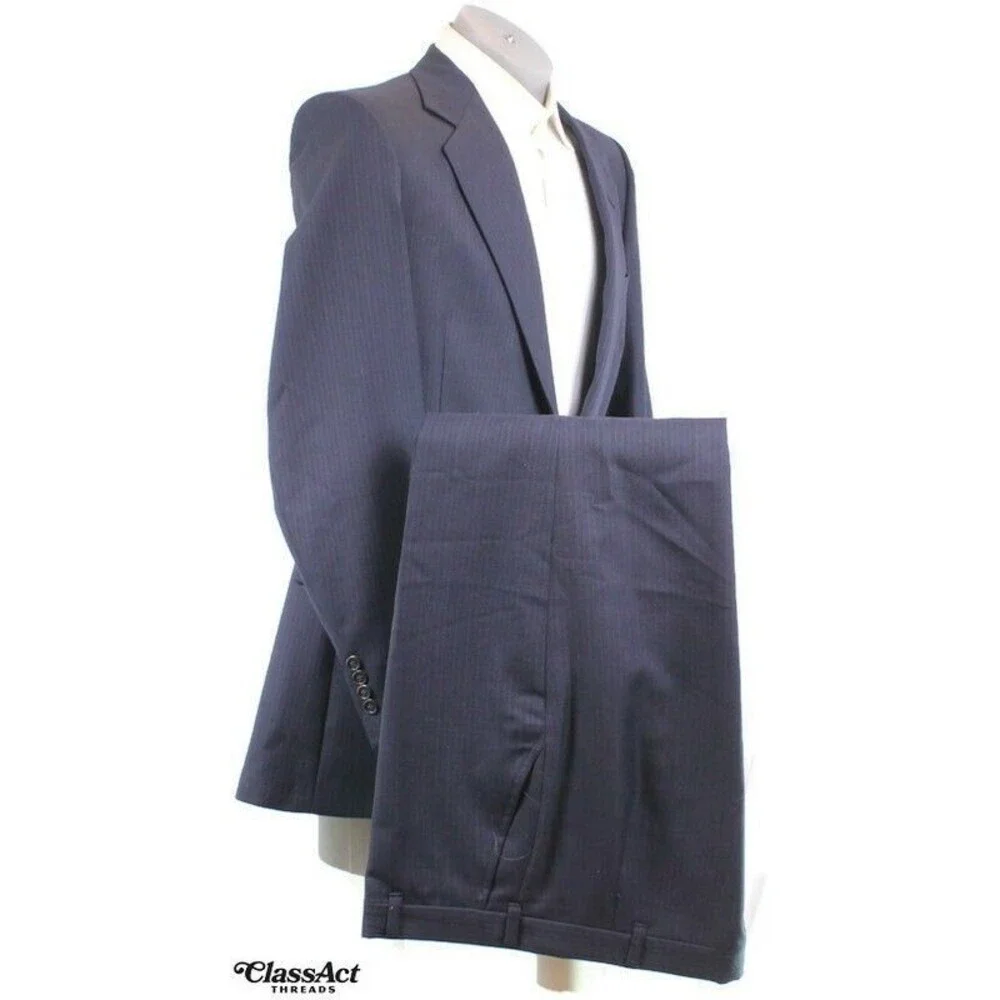 Pierre Cardin 2 Piece Suit Mens Blue Striped 2 Btn 40L Flat Fronts 36